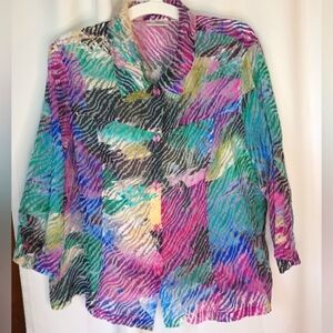 Erin London 1X Multicolor Burnout Shirt Sheer Rainbow Zebra Print Linen Blend